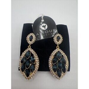 Asfour Crystal Earrings Statement Blue Gold Tone Quality Timeless Dressy Gift